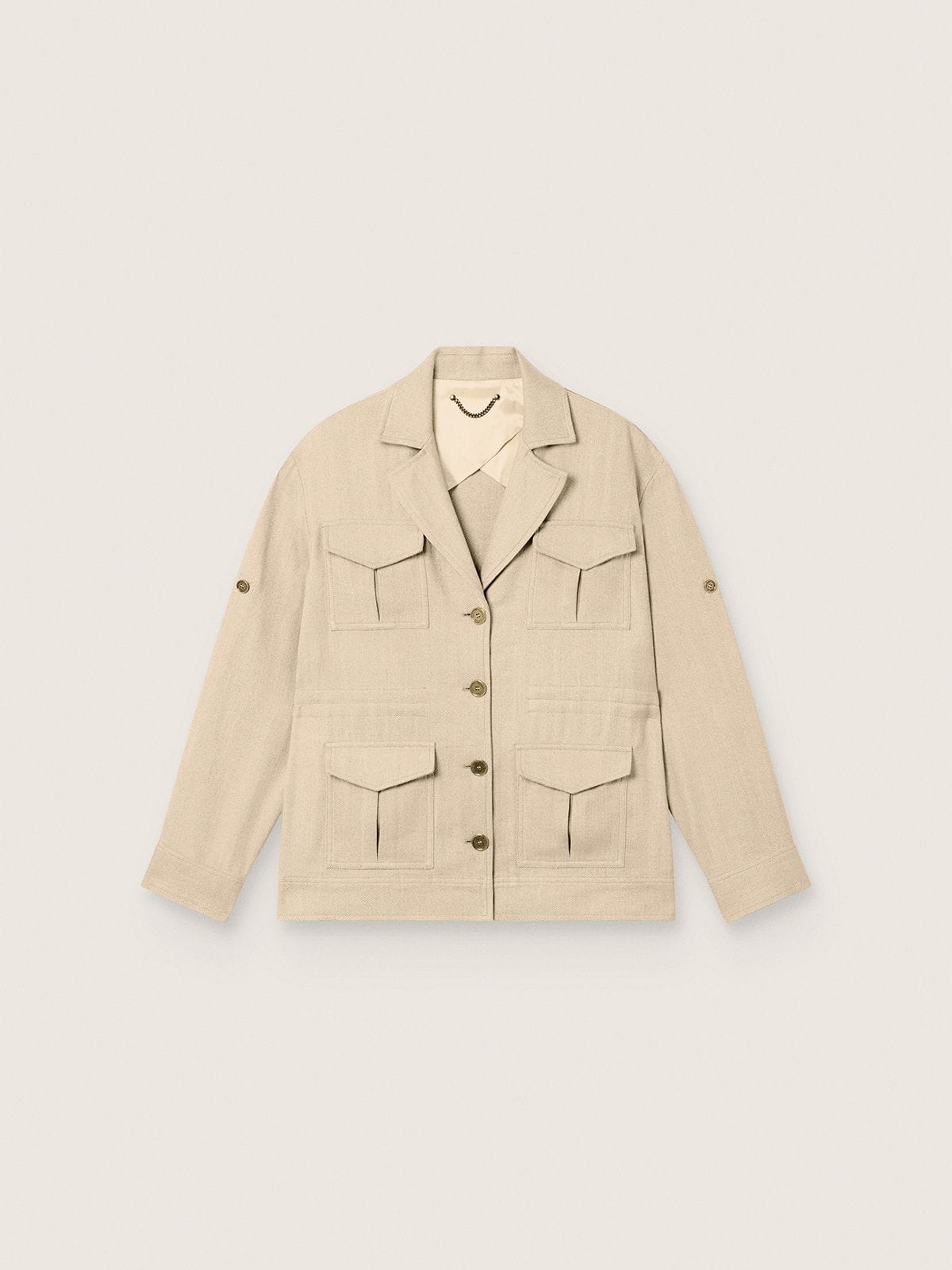 8cda7e3b852a6a258c5d6dc3182a0ad72071c12cd9ad418b95b37c759060e70e Women's safari jacket in beige viscose micro-chevron - Image 1