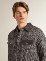 Gray herringbone jacket with black leather details - Image 5