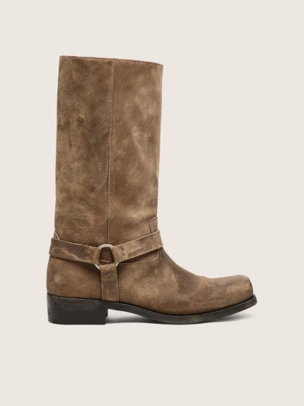 Women's high Biker boots in dark beige waxed suede with strap and a silver-colored buckle