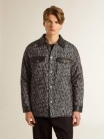 Gray herringbone jacket with black leather details - Image 2