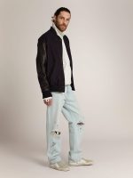 Men's bomber jacket in dark blue wool with leather sleeves - Image 3