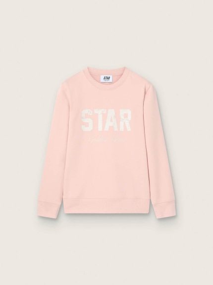 Girls' pink cotton sweatshirt with print and embroidered logo