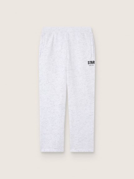 Boys' sweatpants in gray melange cotton fleece with print and logo