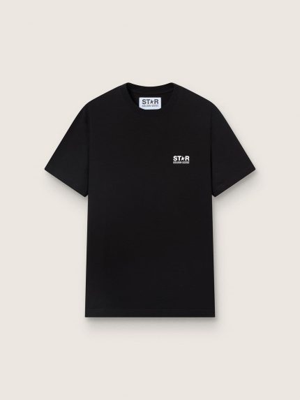 Men's black T-shirt with contrasting white logo and star