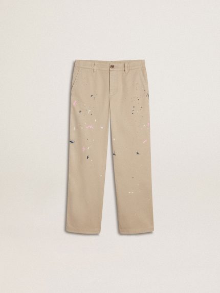 Kids' beige chino pants with multicolor splashes