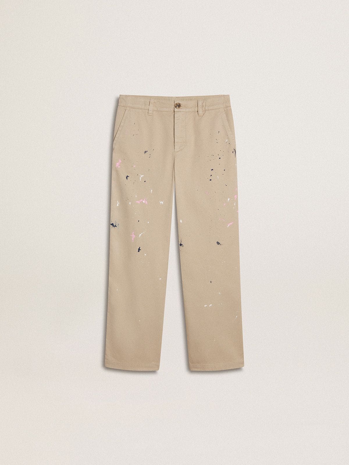 9022338fd797132003fa404656bf568c2bf23d36b9df0b9636271354c20c6480 Kids' beige chino pants with multicolor splashes - Image 1