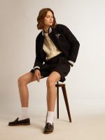 Women's bomber jacket in dark blue wool with white details - Image 3