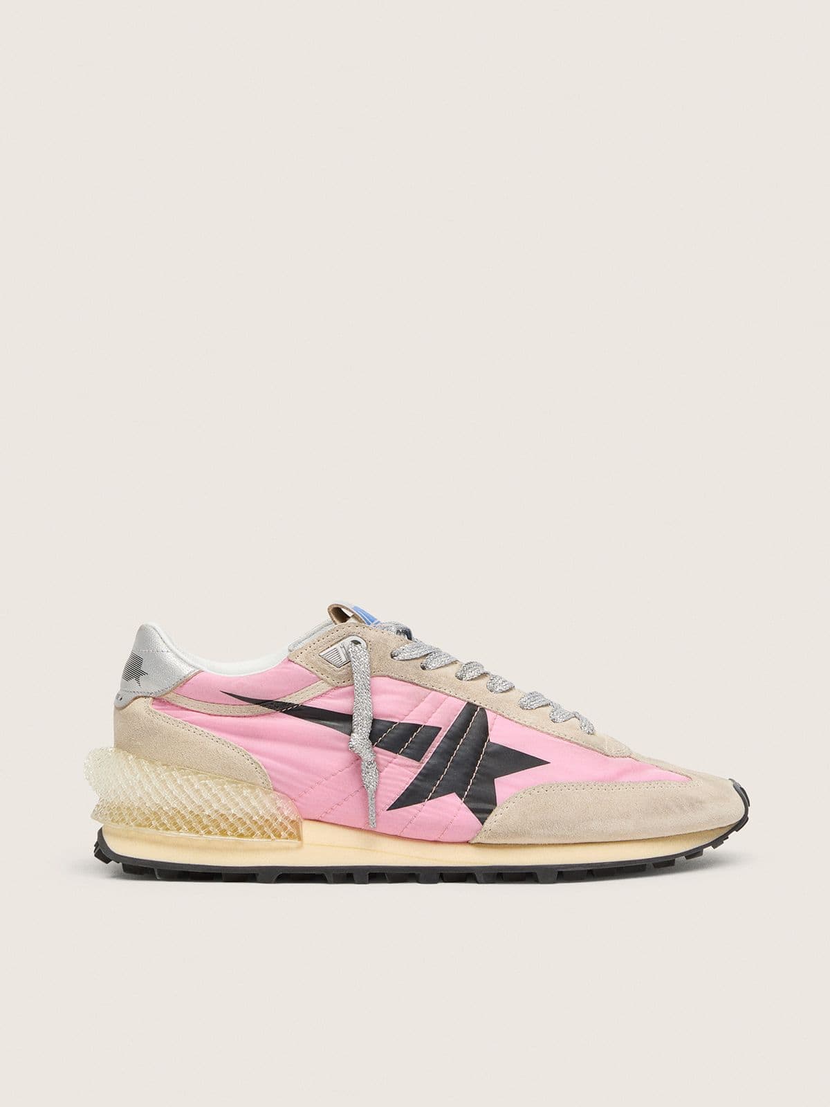 9457889c38017fcbafbbd17080a397aa45aff5d68f7626ec05f06921499040a8 Women's Marathon in pink nylon and beige suede with black printed star - Image 1