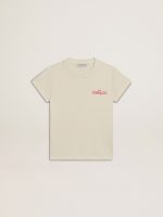 Girls' cotton T-shirt in worn white with red embroidery on the chest