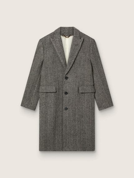 Men's single-breasted wool coat with beige and gray herringbone weave