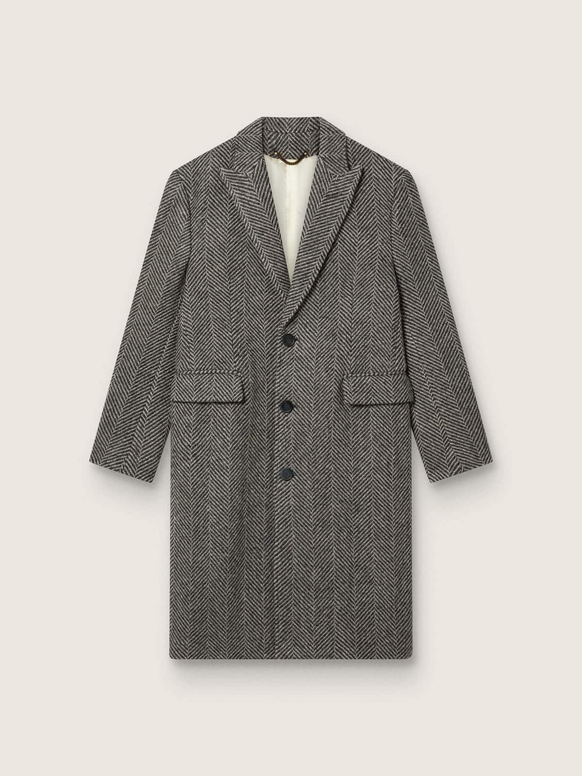 94c2fa95919b43d4d35e78550f4af89f035b43dfd955c1a05b238f3cc3c11202 Men's single-breasted wool coat with beige and gray herringbone weave - Image 1