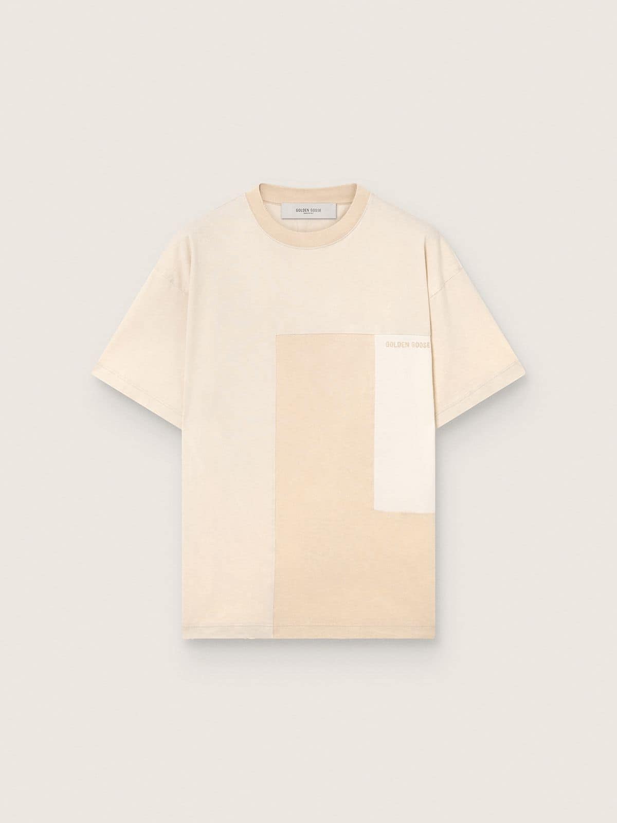 94ccea8301847a9177ea823b357dc71993934e73366b41865b436da84d09e099 Men's T-shirt in cotton jersey with white and beige patchwork effect - Image 1