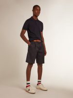 Men's short-sleeved polo shirt in navy-blue merino wool - Image 3