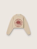 Women's cropped sweatshirt in beige cotton with print