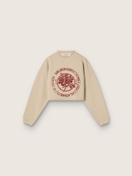 Women's cropped sweatshirt in beige cotton with print