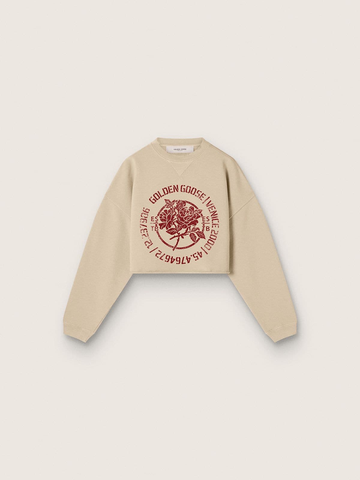 9602dab3e8635ba40669d4a8ad1a7f76a431baa8c9a907dadc8de2c25809bf50 Women's cropped sweatshirt in beige cotton with print - Image 1