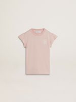 Girls' pink T-shirt with ruffled sleeves and embroidery