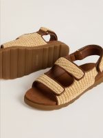 Noa Junior sandals in beige raffia and brown leather - Image 3