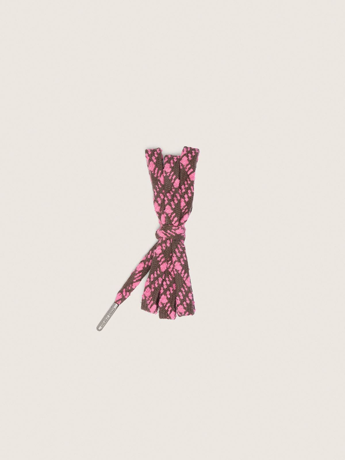 99e0b93ac3a07000e55f181ca67a3cbc978d65a069447534d2099e2b256ecdb6 Dark brown and pink tartan laces - Image 1