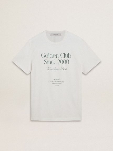 Men's white cotton T-shirt with green print