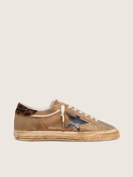 Men's Super-Star LTD in tobacco suede with black star and animal-print heel