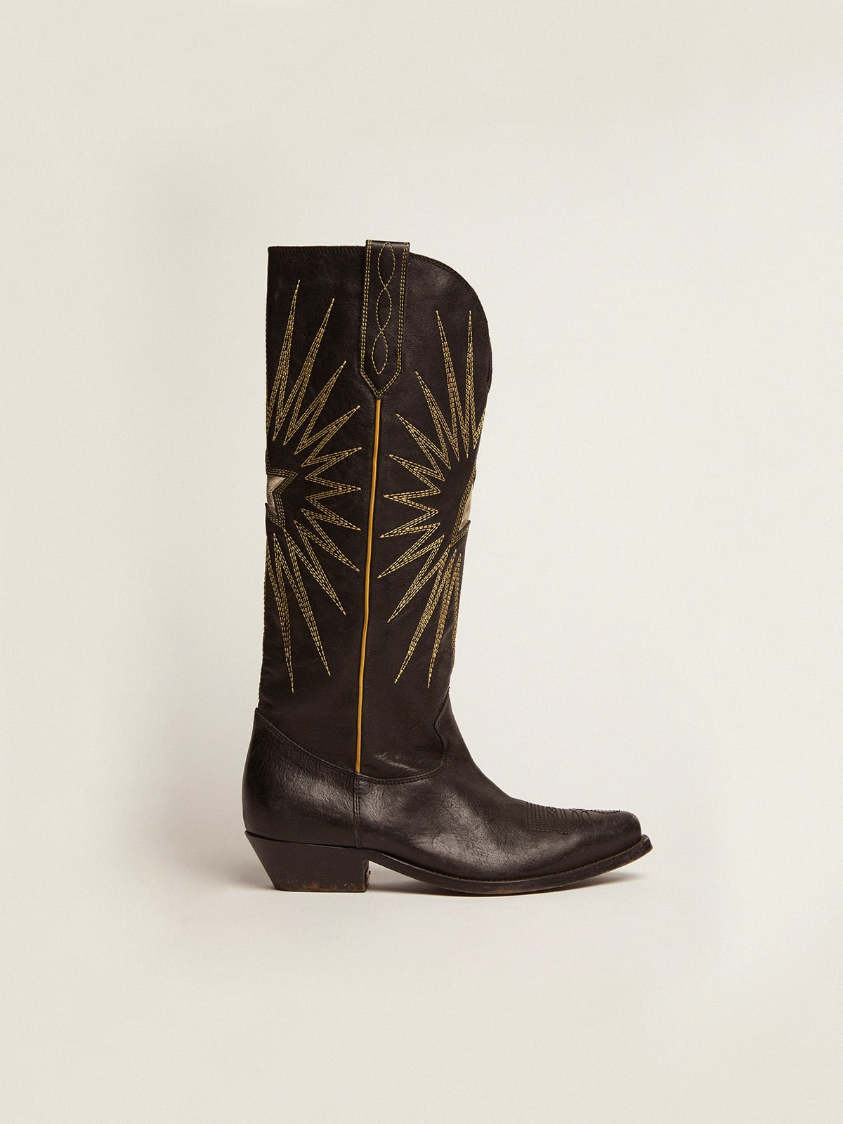 9bc61405cfc5b2ddd63b5be32b908dd0d222abb728cfd33a9cff8dc59b160fb1 Wish Star boots in black leather with platinum laminated leather inlay star - Image 1