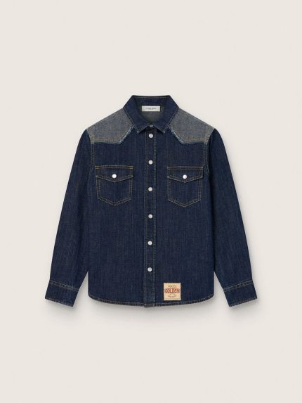 Kids' shirt in blue chambray with reverse details and embroidered logo
