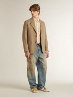 Men's single-breasted blazer in a sand-colored chevron linen blend. - Image 3