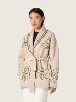 Women's belted cardigan in beige wool blend with contrast embroidery - Image 5