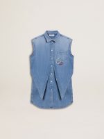 Girls' denim dress with front knot and embroidery