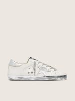 Women's Super-Star with silver sparkle foxing and metal stud lettering