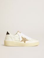 Women's Ball Star in white leather with gold glitter star and black glitter heel tab