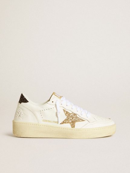 Women's Ball Star in white leather with gold glitter star and black glitter heel tab