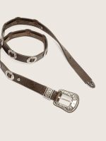 Lace belt in washed brown leather with raised floral pattern and metal inlays - Image 4