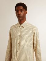 Men's ecru cotton shirt with narrow black stripes - Image 5
