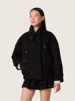Women's oversized jacket in black cotton twill with floral sequin embroidery - Image 5