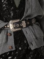 Lace belt in tan-colored washed leather with studs and inlays - Image 2