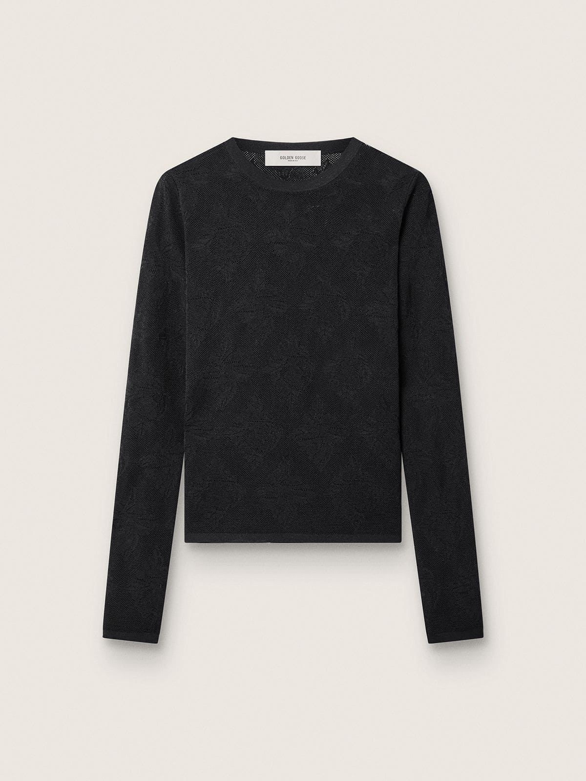a0ee2262ff30632d46f1c5e92bb2d6521d0c1857cb1a777615716626aac8ac0e Women's crew-neck sweater with black floral jacquard pattern - Image 1