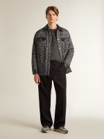 Gray herringbone jacket with black leather details - Image 3