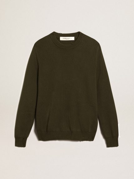 Men's round-neck sweater in military green cotton