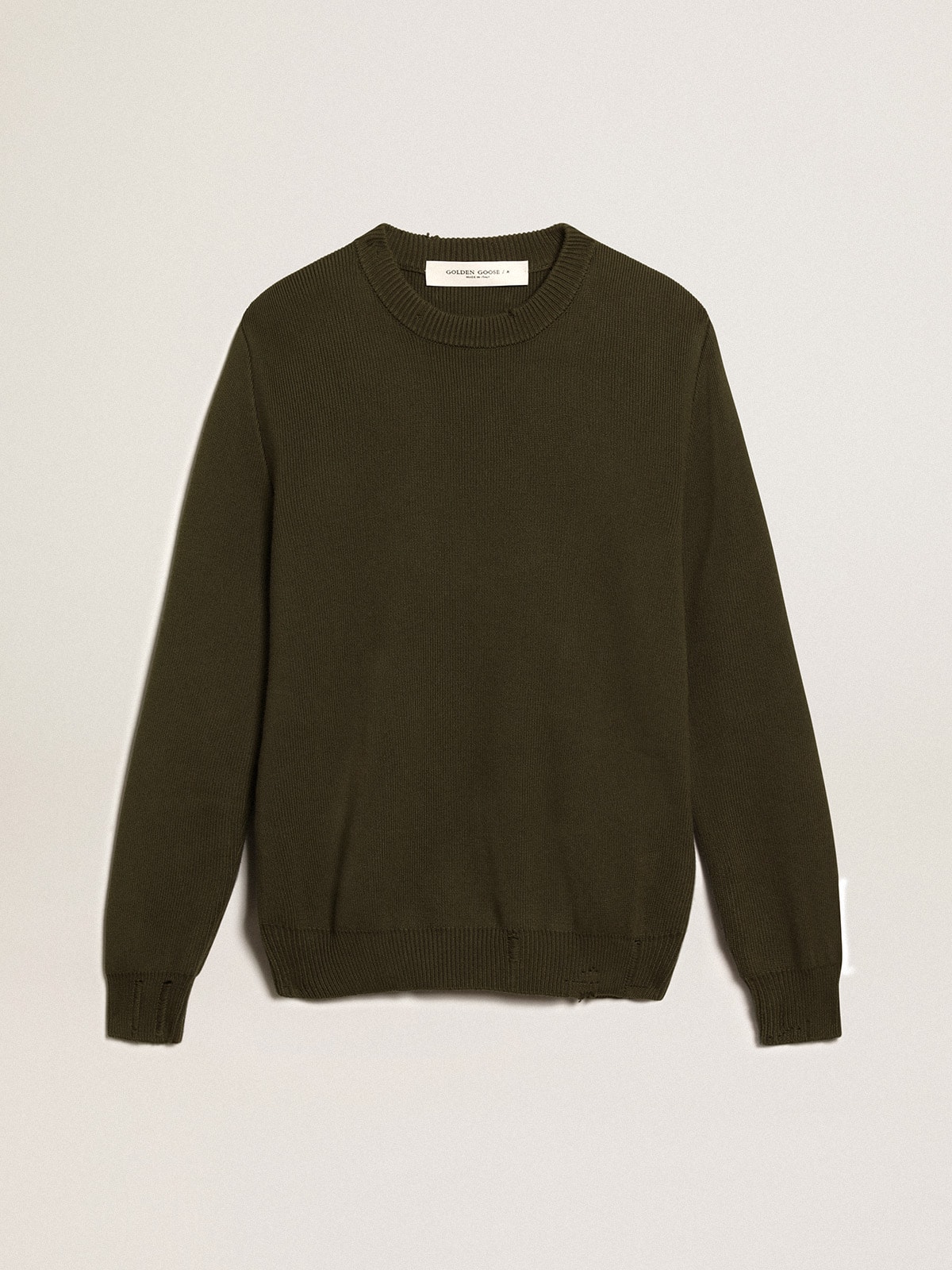 a1a8495fe54ef96ce7a93259c9ca5c1552b533b56d774f89d9fc7d1215d62750 Men's round-neck sweater in military green cotton - Image 1