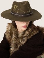 Olive-green fedora hat with brown ribbon and desert-themed embroidery - Image 3