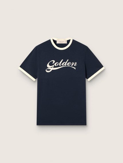 Men's T-shirt in blue cotton with Golden print
