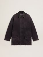 Men's denim jacket with distressed details and leather collar