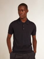 Men's short-sleeved polo shirt in navy-blue merino wool - Image 5