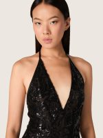 Women's long dress in tulle with floral embroidery in black sequins - Image 6