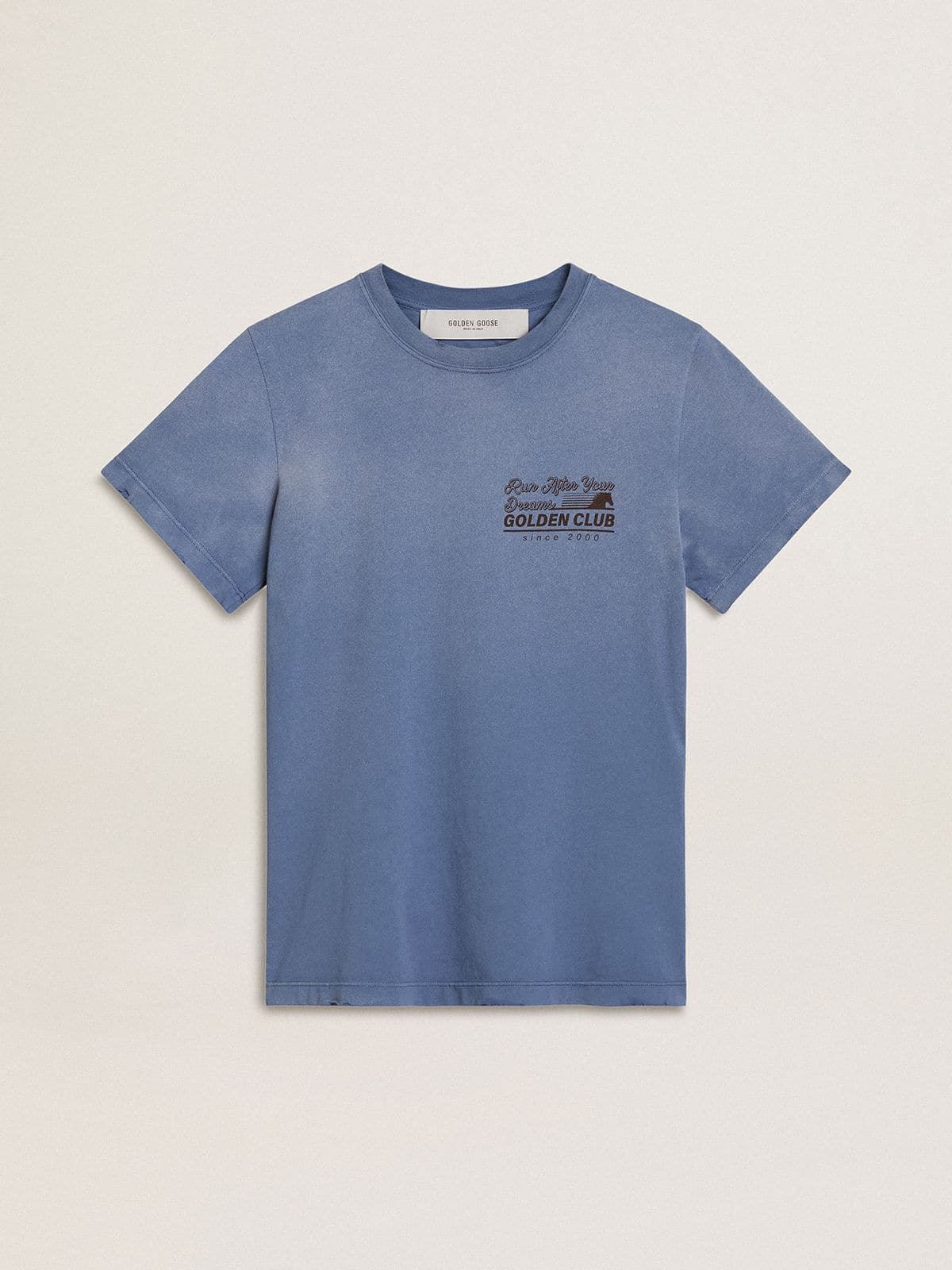 a6d202b6fe5f0df3d42196f0e3941a0f030ad61cc326c0296d2530ffc823e9ed Women's faded light blue T-shirt with print on the chest - Image 1