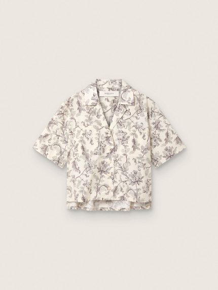 Women's boxy cotton shirt with black and white floral print
