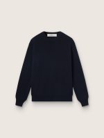 Women's round-neck sweater in dark blue cotton with logo on the back