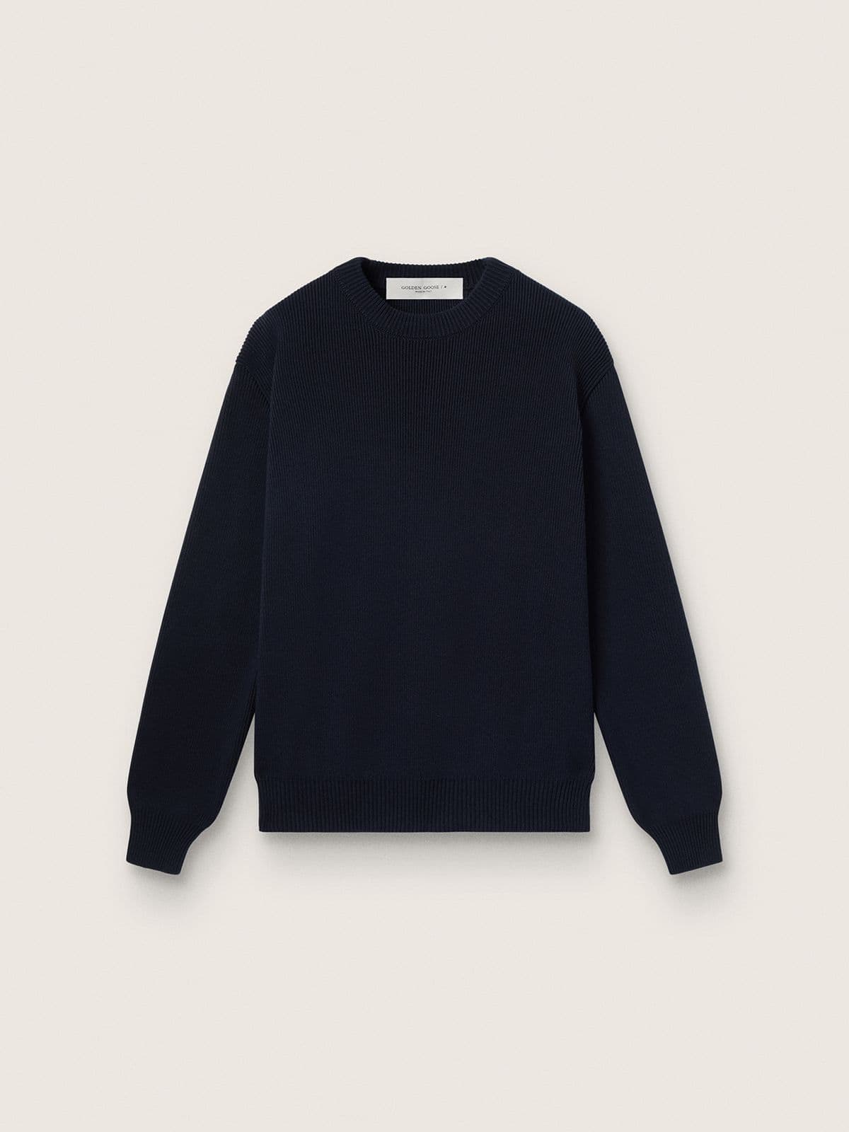 a7fae344ad493507383f1e6fabd36b0fc80febed72c01e8d0dbc2b111db6119d Women's round-neck sweater in dark blue cotton with logo on the back - Image 1